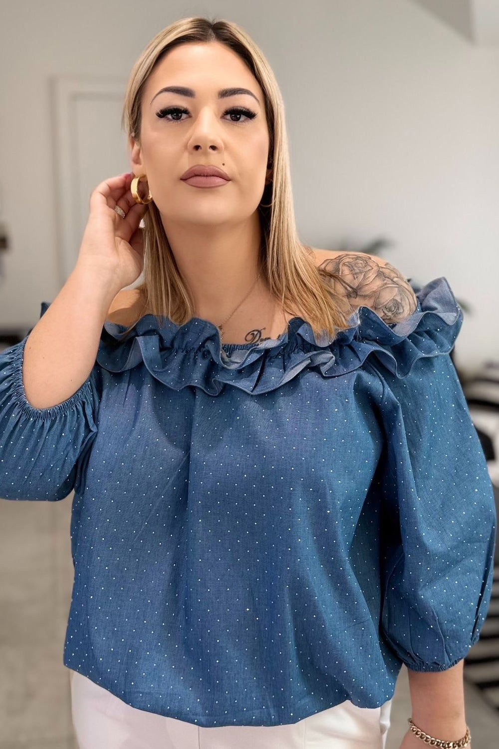 Bluzka Hiszpanka Denim Luna – z cyrkoniami (dżetami)