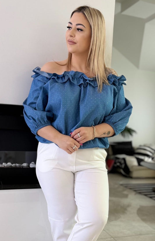 Bluzka Hiszpanka Denim Luna – z cyrkoniami (dżetami)