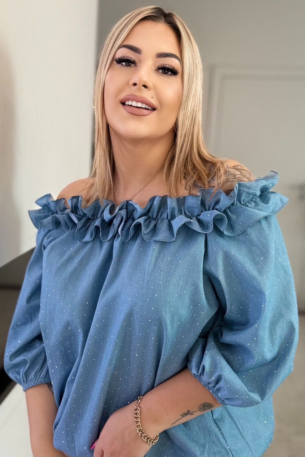 Bluzka Hiszpanka Denim Luna – z cyrkoniami (dżetami)